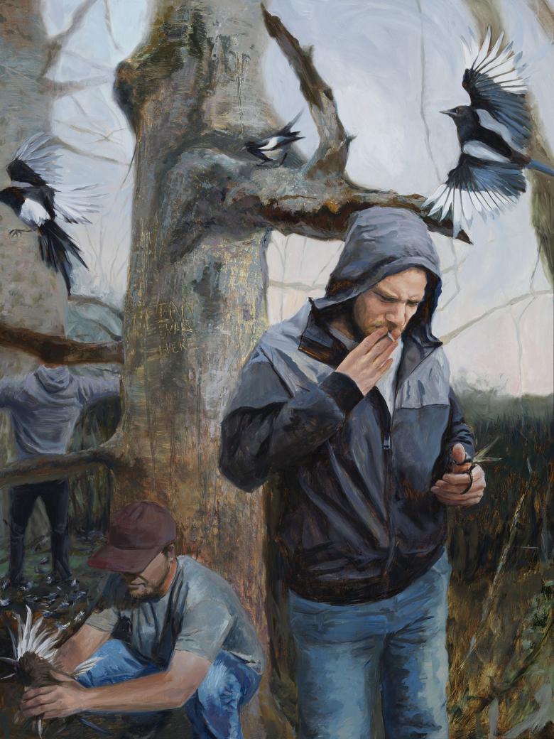 Painting of three men in a woods in winter with magpies fluttering around