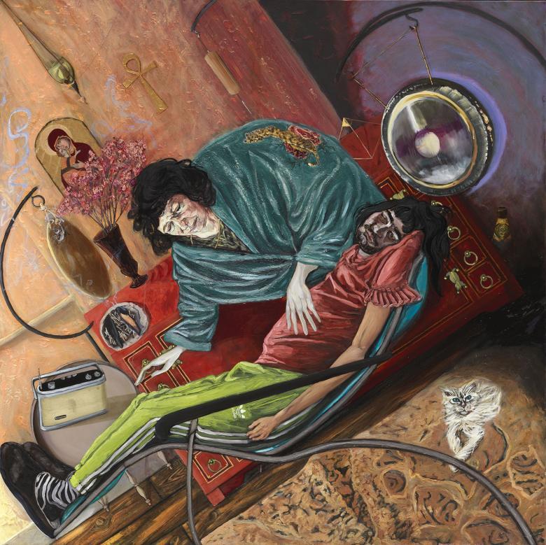 Painting of a bearded man reclining in a chair while a woman wearing a green shawl bends over him and her hands hovering over his body