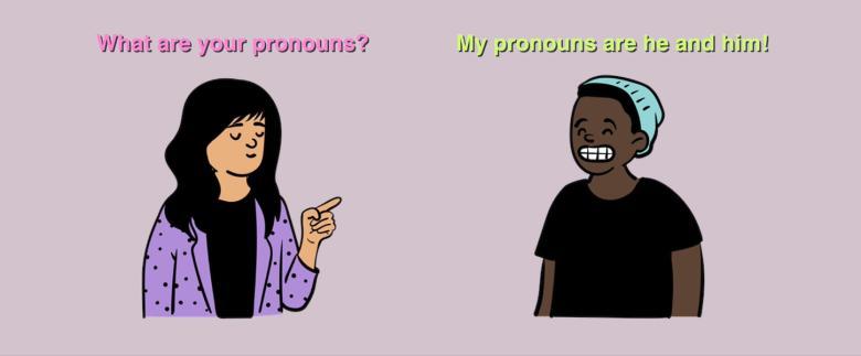 Still from an animated film of a person with long black hair facing and pointing at a person with short black hair. Text reads: What are your pronouns? My pronouns are he and him