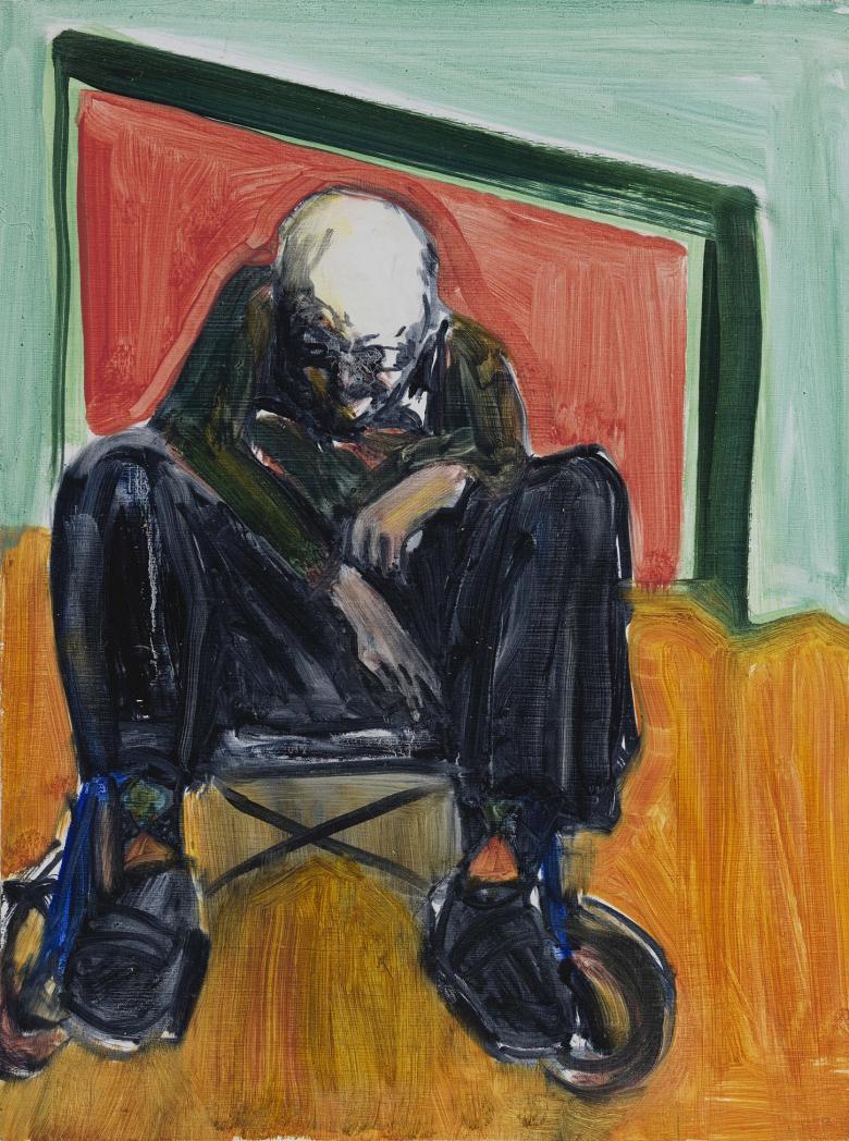 Stylised portrait of an elderly man sitting hunched in a wheelchair with blocks of yellow, pink, green and turquoise in background