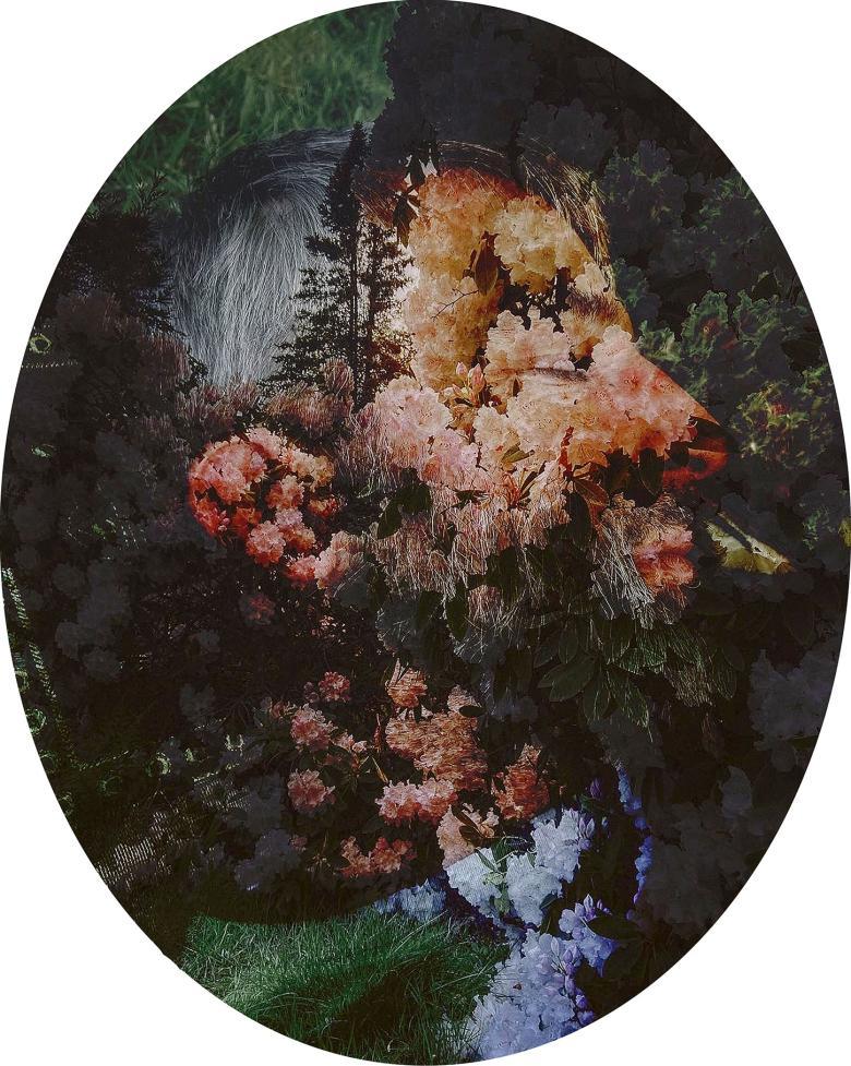 Double-exposure photograph of a man's sleeping face in silhouette superimposed with a photo of flowers