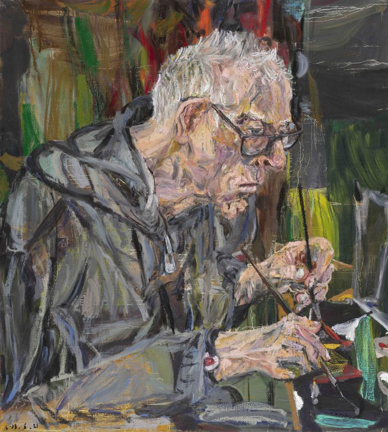 Expressionistic portrait of a man with grey hair painting with a paintbrush in each hand