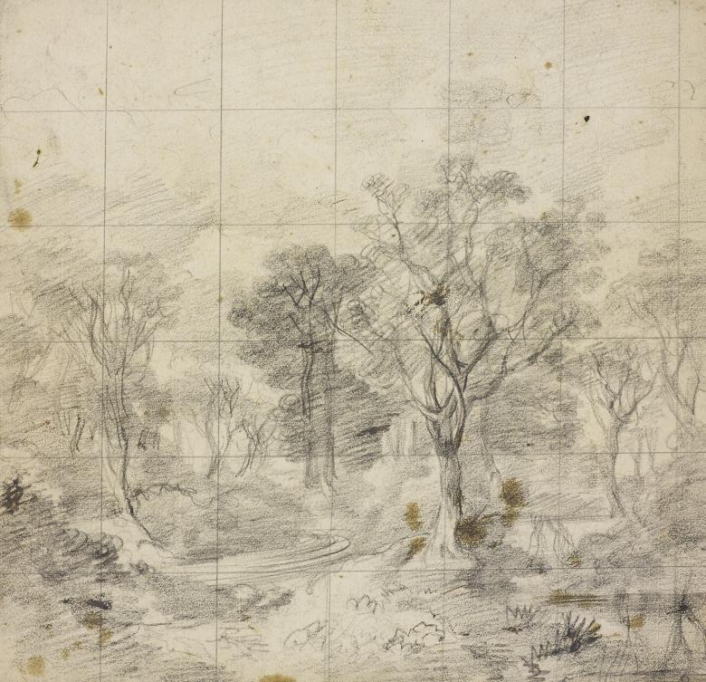 Gridded-up preparatory drawing for Gainsborough's landscape painting Cornard Wood