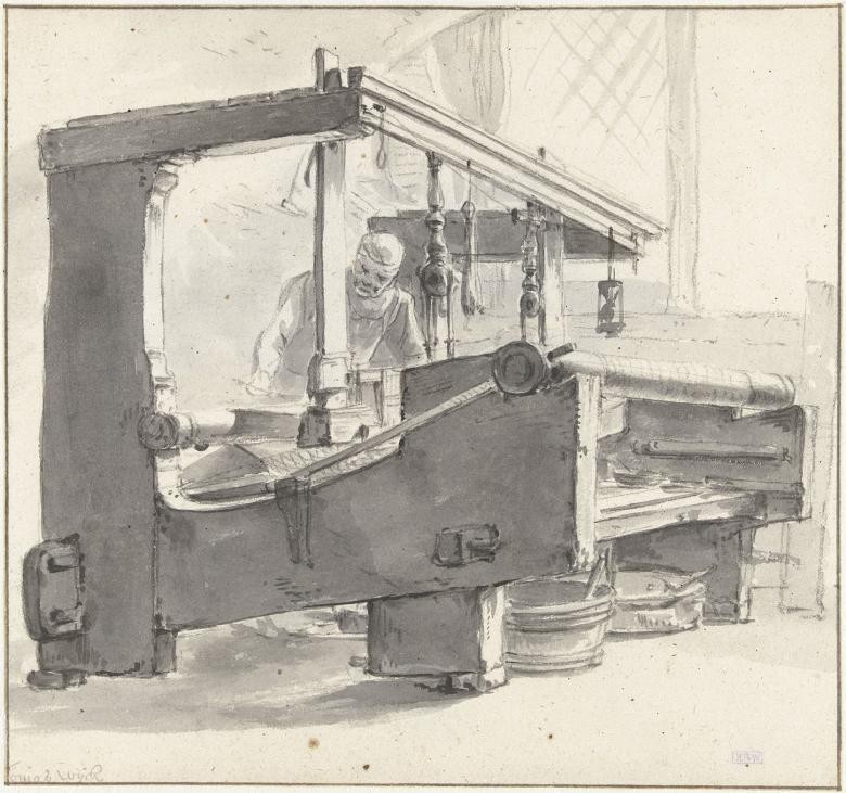 Drawing of a person working at a large wooden loom