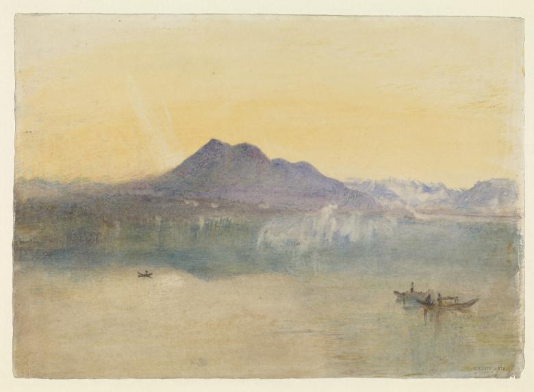 A watercolour painting showing a purple mountain in front of a glowing yellow sky. On the water to the right of the mountain is a small boat.