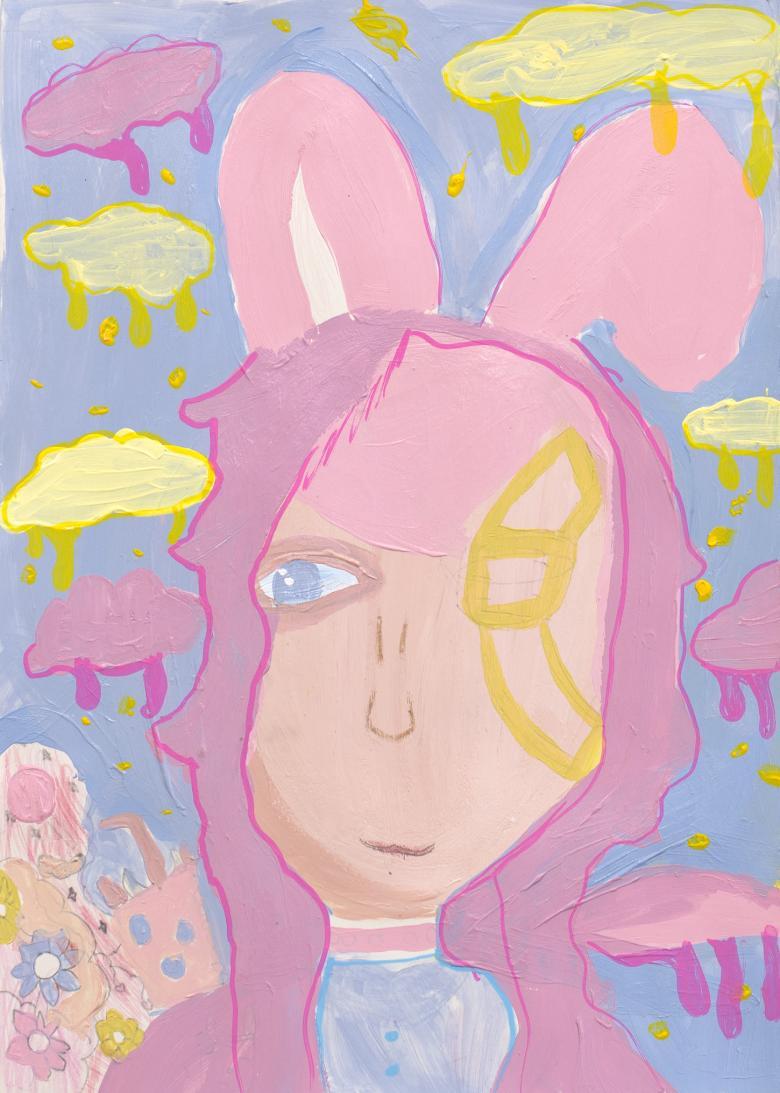 Painting of a female figure with pink hair and pink bunny ears on a background of abstract figures