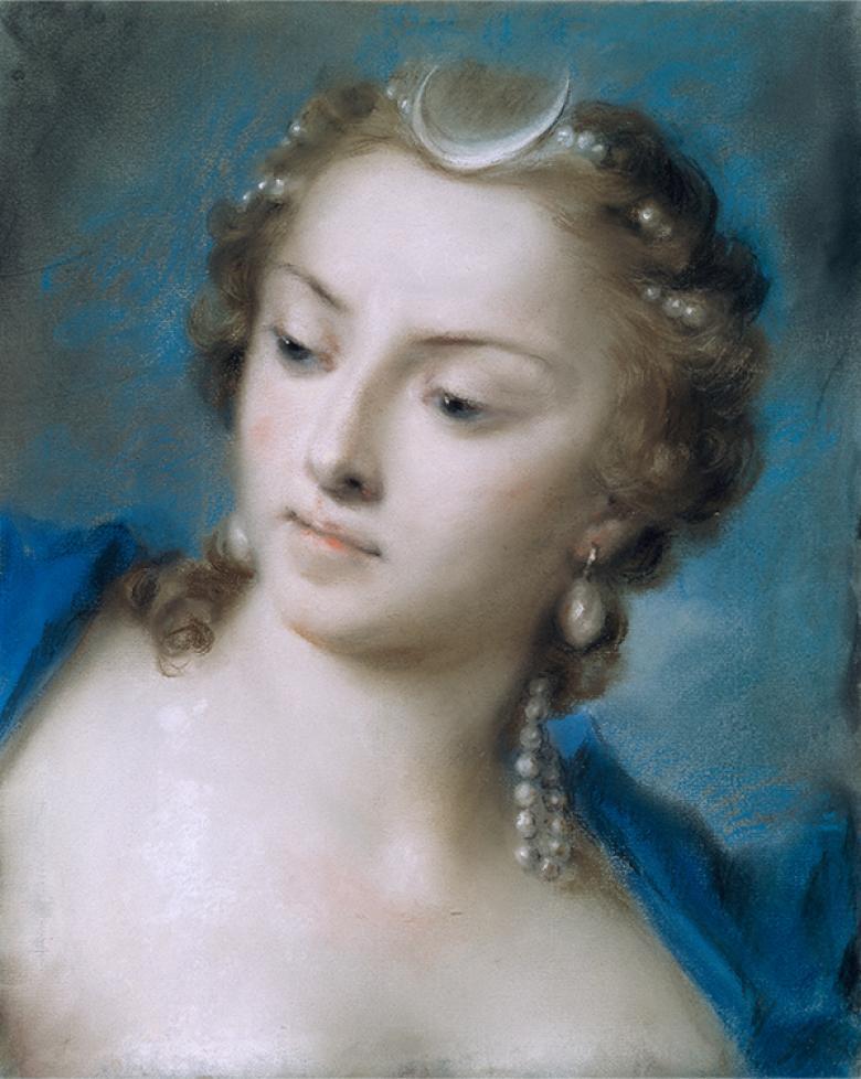 Painting of a female figure wearing a blue dress and pearl jewellery