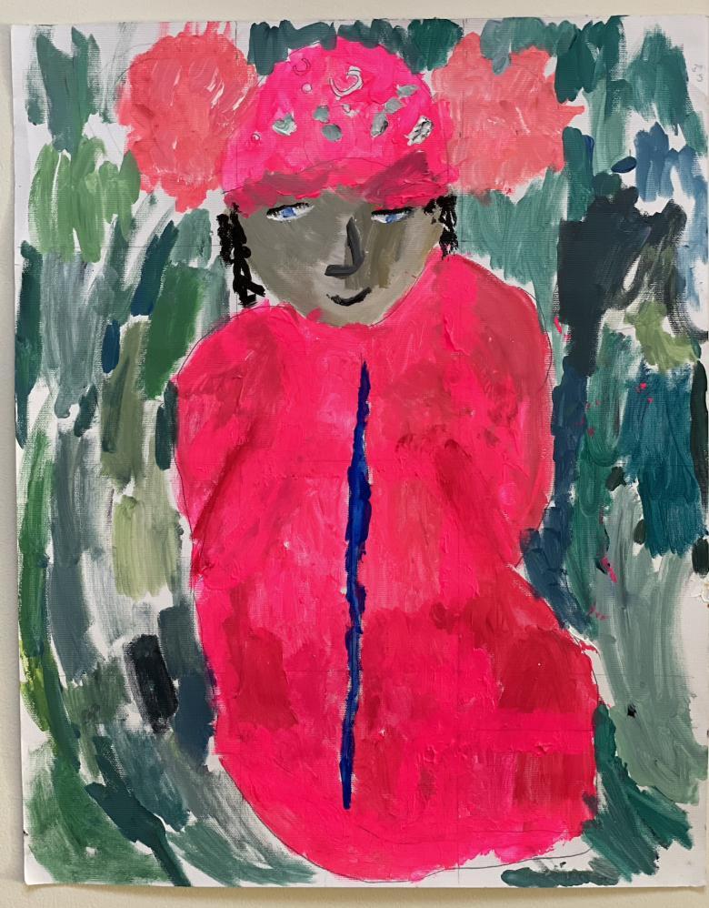 Painting of a figure with dark hair wearing a bright pink coat and hat on a green background