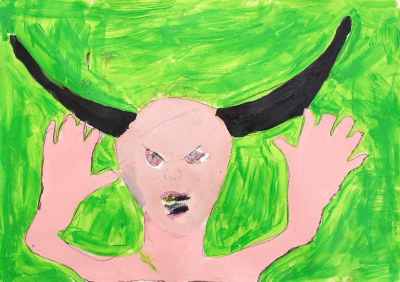 Painting of a figure with black horns and outstretched hands on a green background