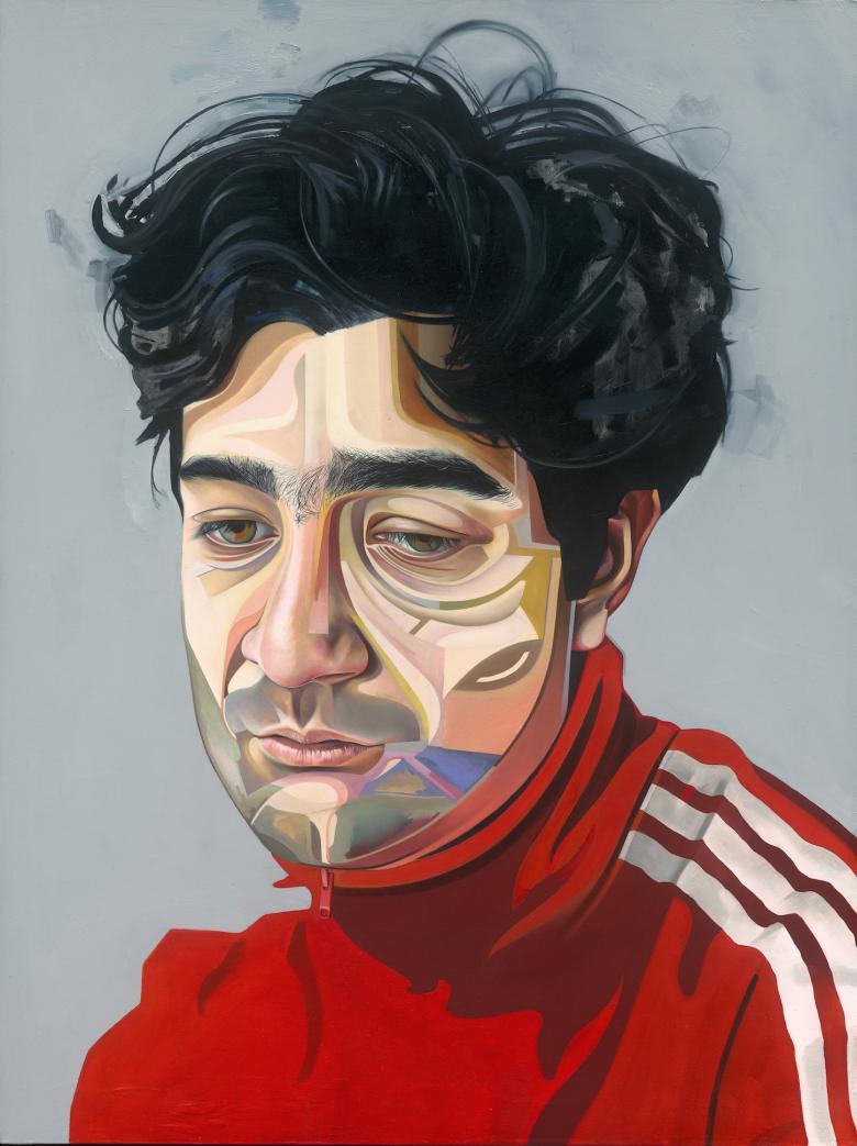 Painting of a male figure with dark curly hair, a red top and a face made up of coloured geometric shapes