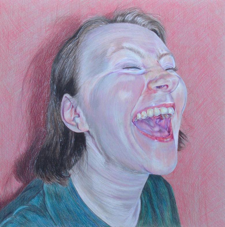 Drawing of a female figure with short brown hair and a green top laughing