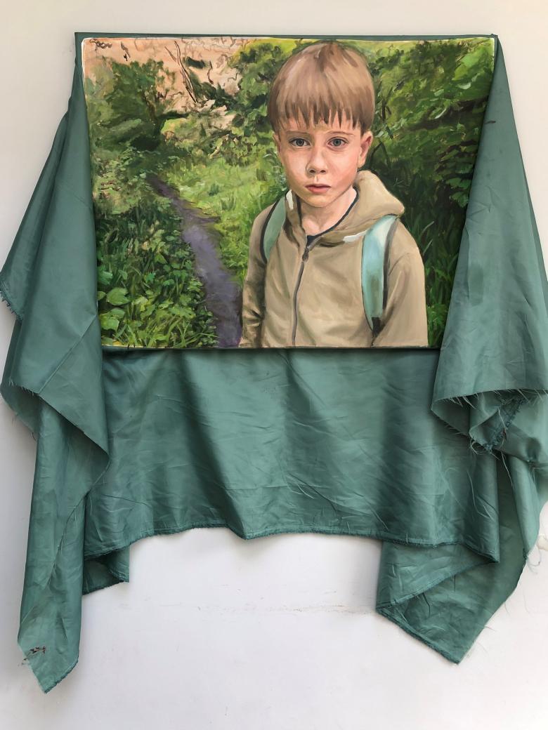 Painting of a young male figure wearing a brown coat and green backpack on billowing green material