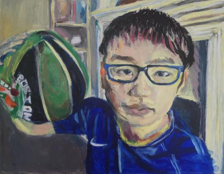 Painting of a young male figure with dark hair, glasses and a blue top holding a basketball