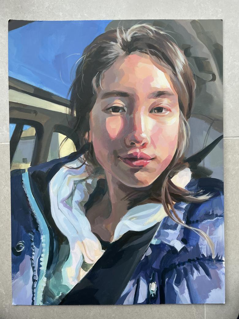 Painting of a young female figure with long dark hair and a purple jacket wearing a seatbelt in a car