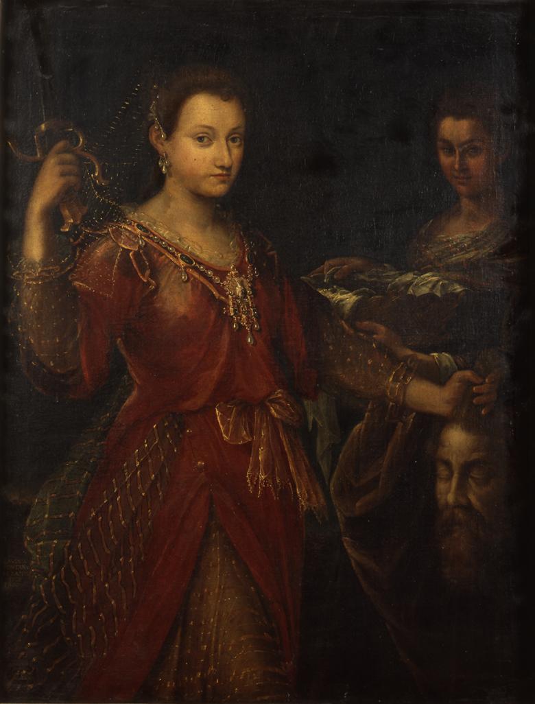 Painting of a female figure in a long red dress holding a head