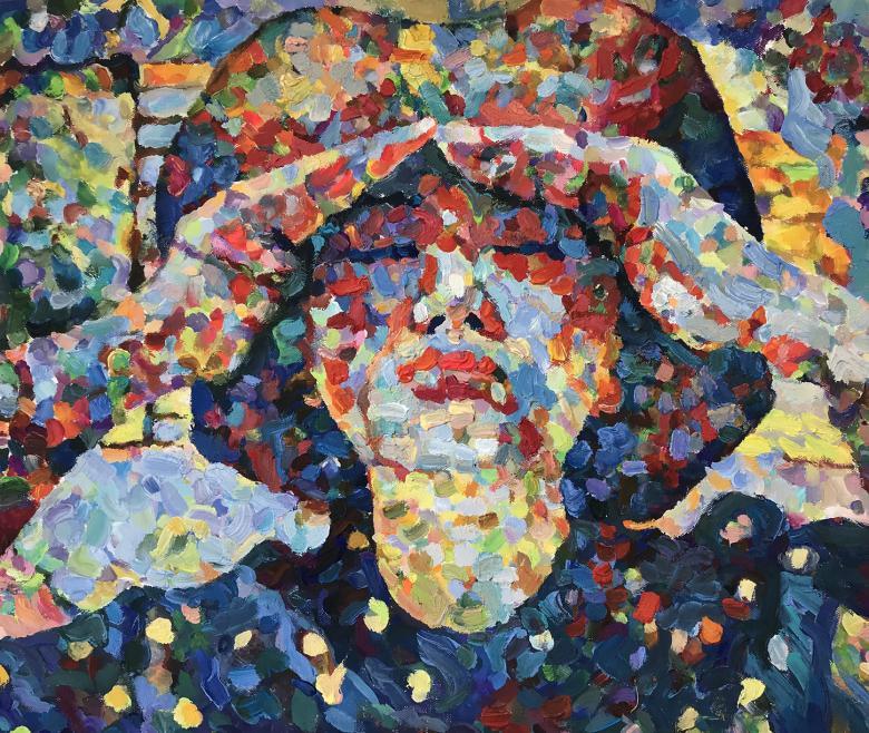 Expressionist style painting of a figure shielding their eyes with their hands