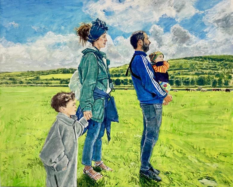 Painting of four figures in a field of cows, one adult female wearing a green jacket holding the hand of a small child, with another adult male wearing a blue jacket and a small baby in a carrier