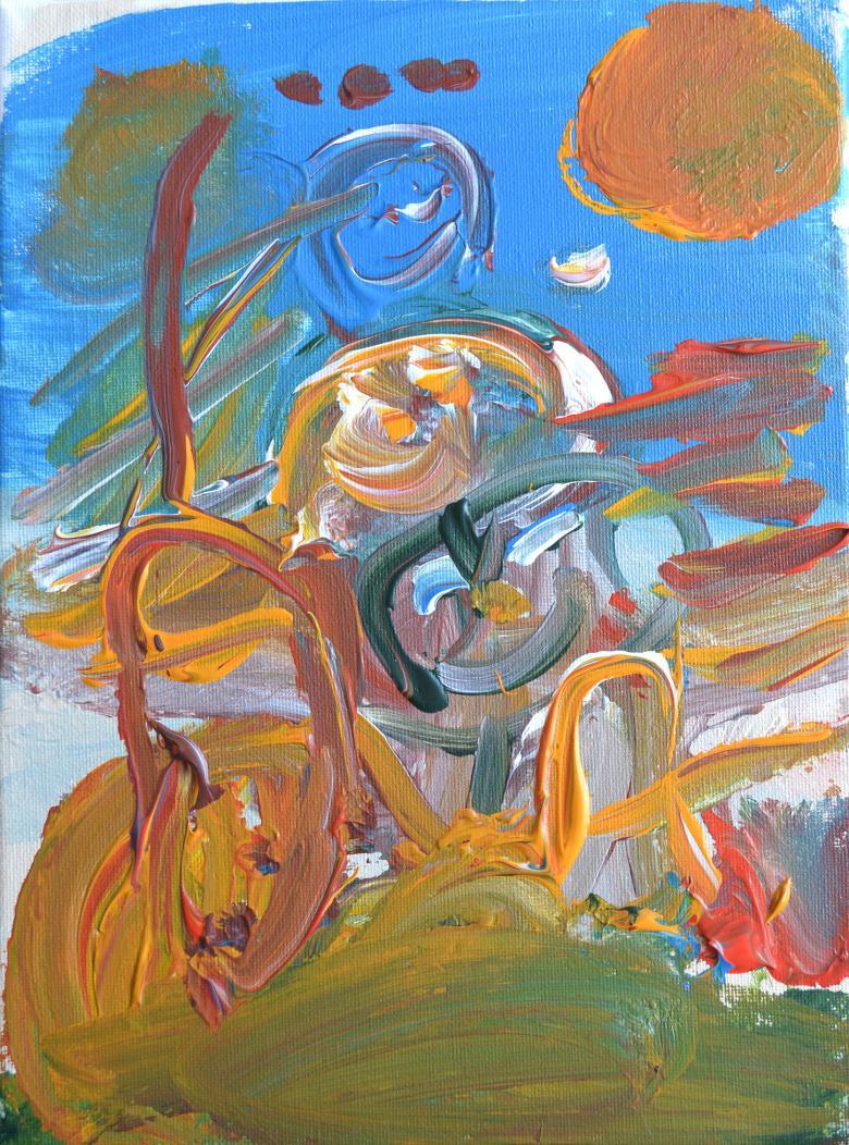 Abstract painting of two figures outside with blue sky under the sun