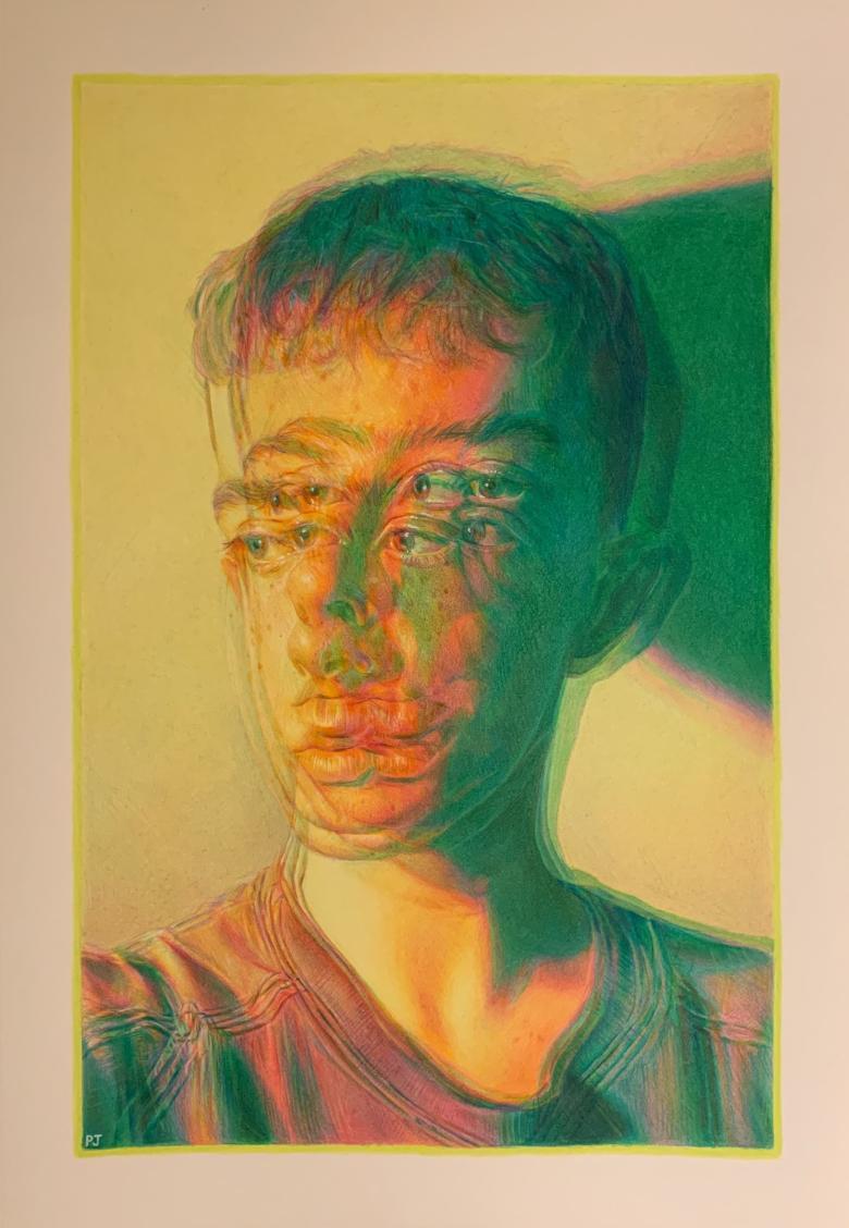 Optical illusion drawing of a male figure with duplicated eyes and mouth