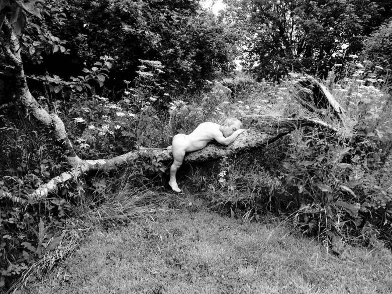 Black and white photograph of a nude man lying on a tree branch in a garden