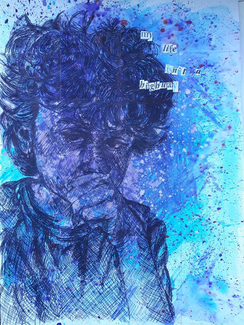 Drawing of a male figure in blue with curly hair with the text "My life isn't a highway"