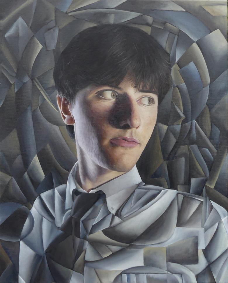 Painting of a young male figure with dark hair and a grey geometric background
