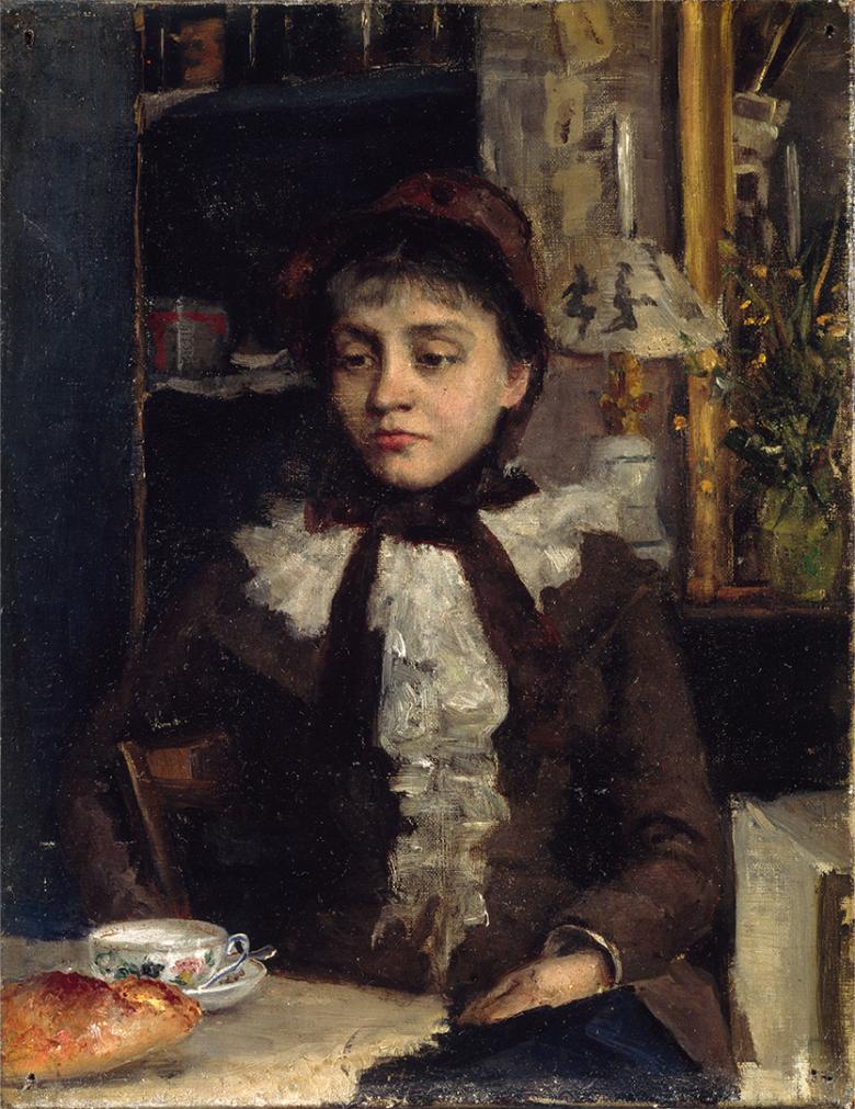Painting of a female figure in a brown dress sitting at a table with a teacup and food