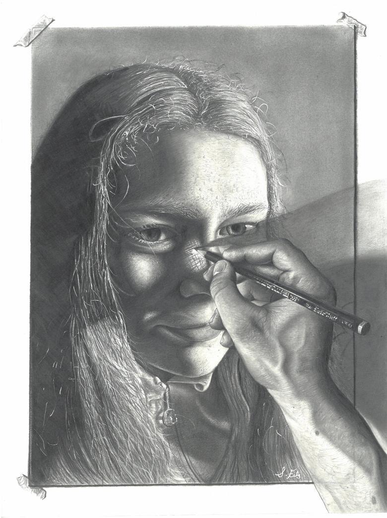 Drawing of a hand holding a pencil drawing a portrait of a young female figure in black and white