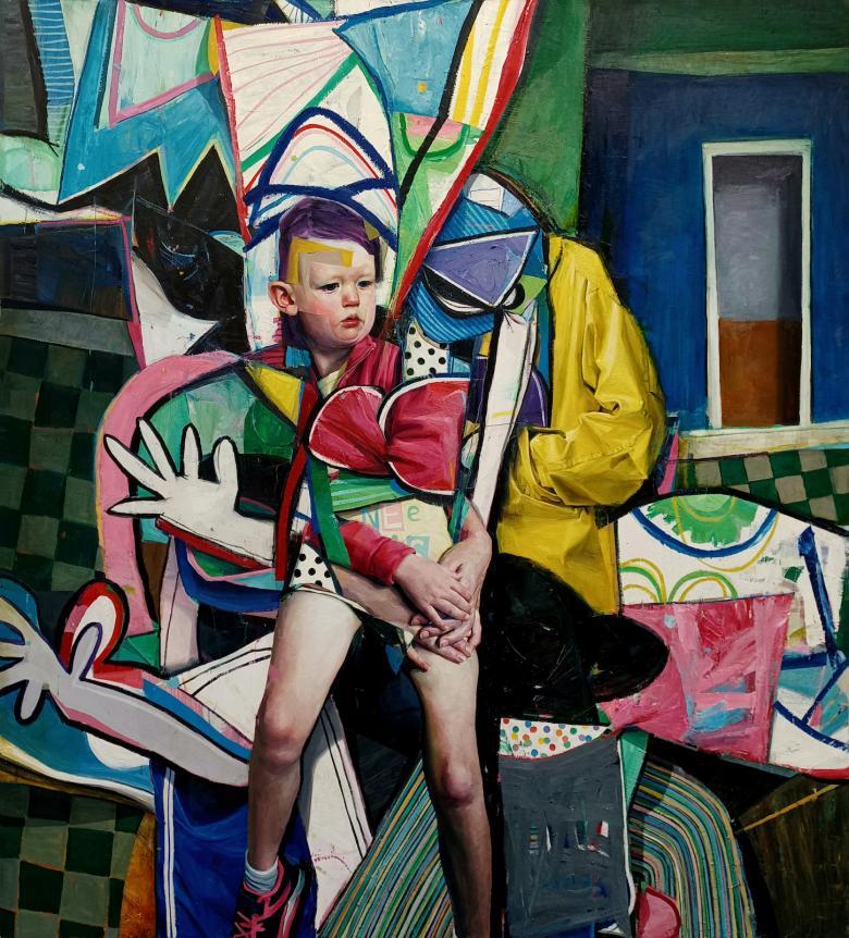 Cubist style painting of a figure wearing yellow raincoat holding a baby on a bright backgroundright
