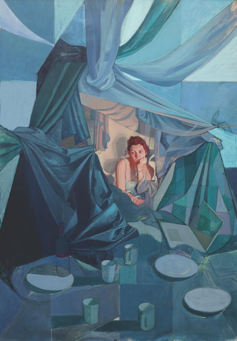 Painting of a female figure with red hair illuminated in a tent made of blue fabric