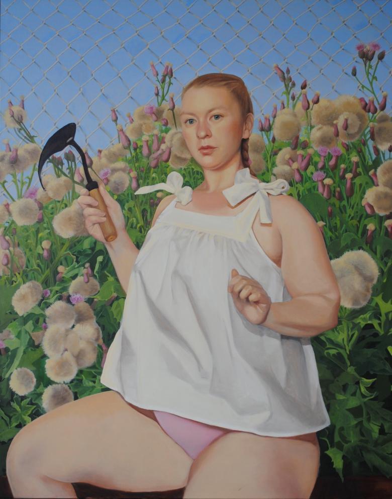 Painting of a female figure in a white top holding a small hand tool on a background of flowers