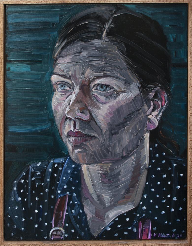 Painting of a female figure with dark hair and a spotted shirt on a dark blue background.