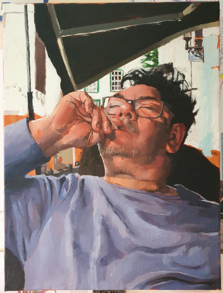 Painting of a male figure with dark hair and a lilac top leaning back and smoking