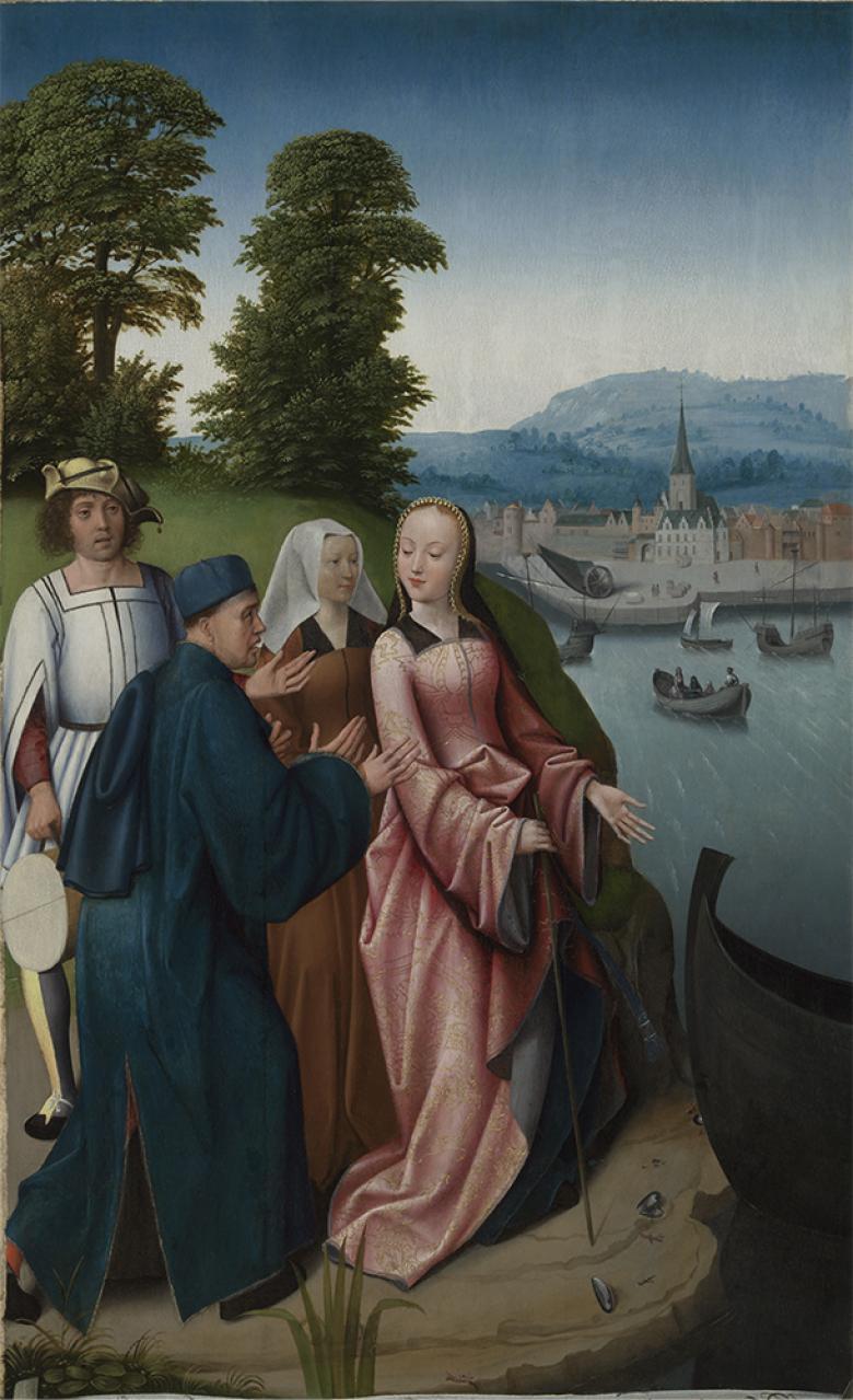 Painting of four figures in long medieval dress standing on the edge of a river