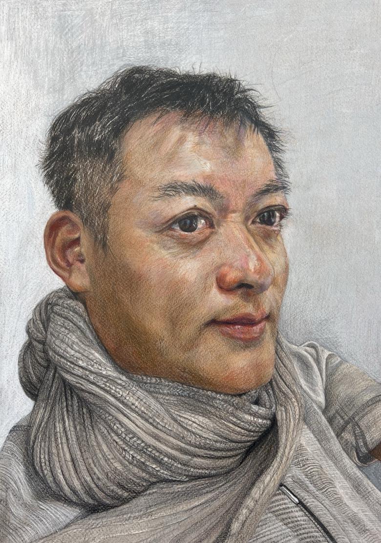 Drawing of a male figure with short dark hair and a grey knitted scarf
