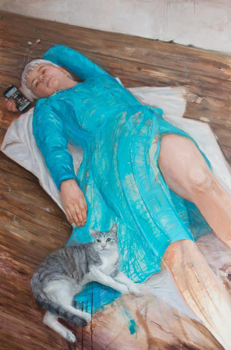 Painting of a figure lying on the floor in a blue dress holding a mobile phone with a cat