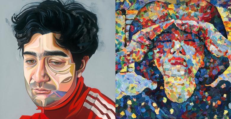 Collage of two paintings, one of a man with dark hair and a red top, the other of a woman in a hat shielding her eyes from the sun
