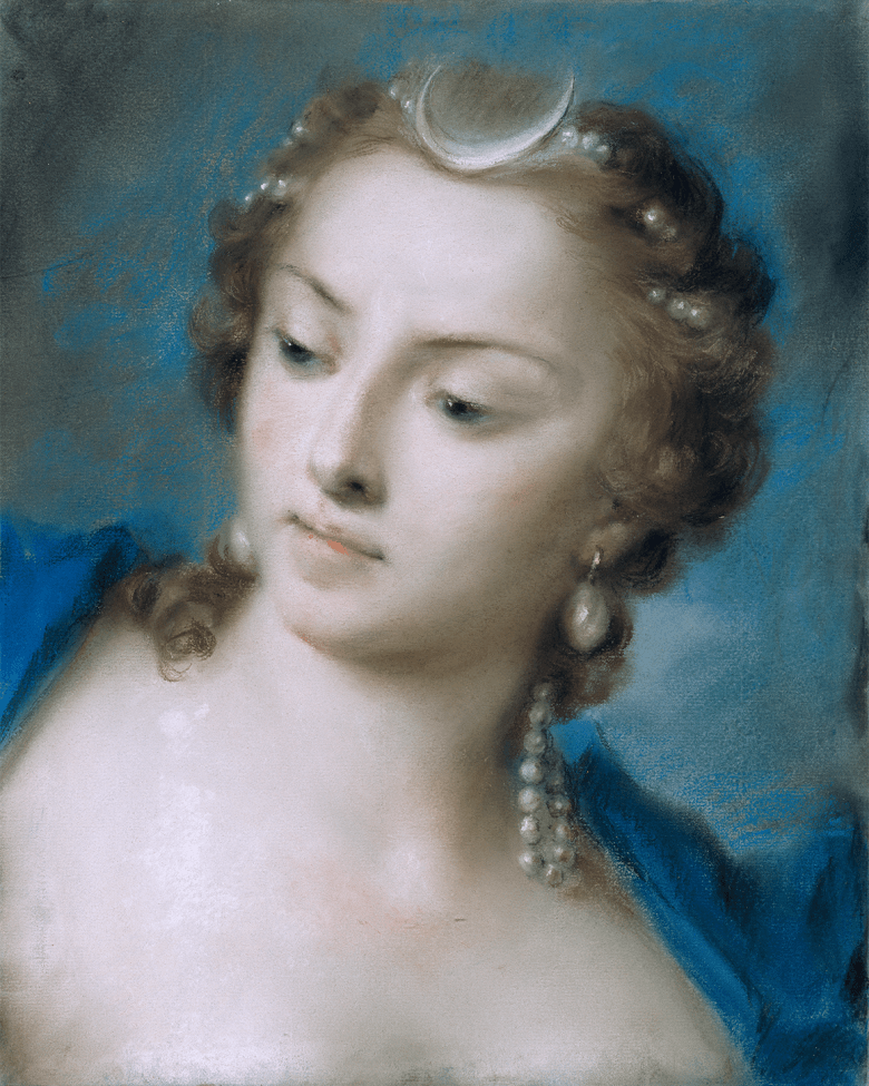 Painting of a female figure wearing a blue dress, a crescent moon headdress and pearl jewellery