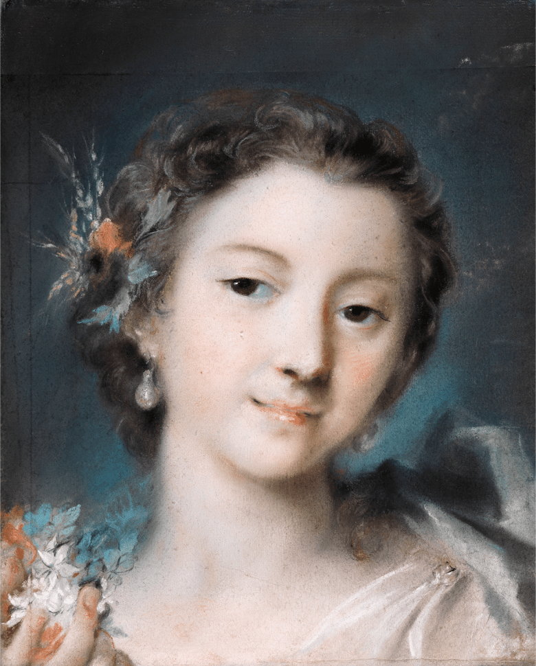 Portrait of a female figure with brown hair and a white dress holding a sprig of white and orange flowers.