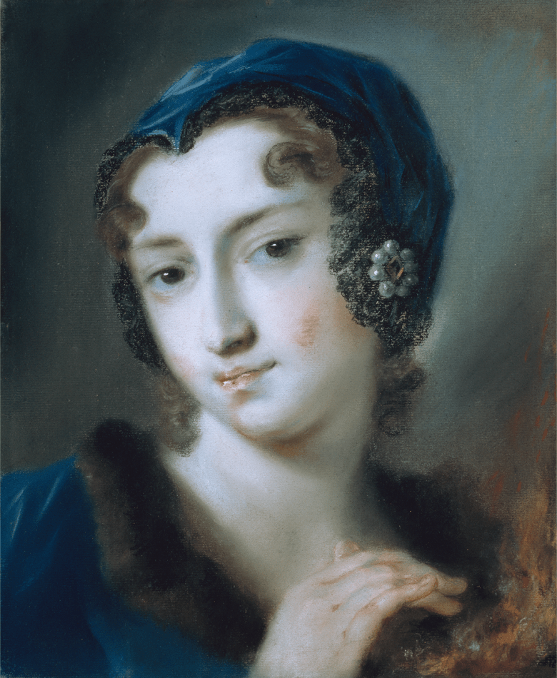 Portrait of a female figure with a blue hat wearing a blue dress trimmed with brown fur.