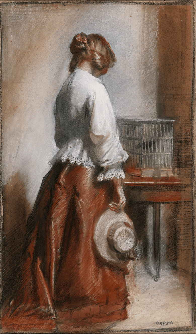 Pastel drawing of a female figure with her back to the viewer wearing a white top and brown skirt standing beside a birdcage.