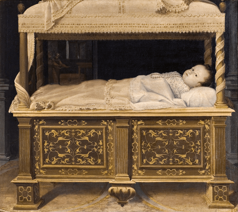 Painting of a small child wearing white, lying in an elaborately decorated cradle