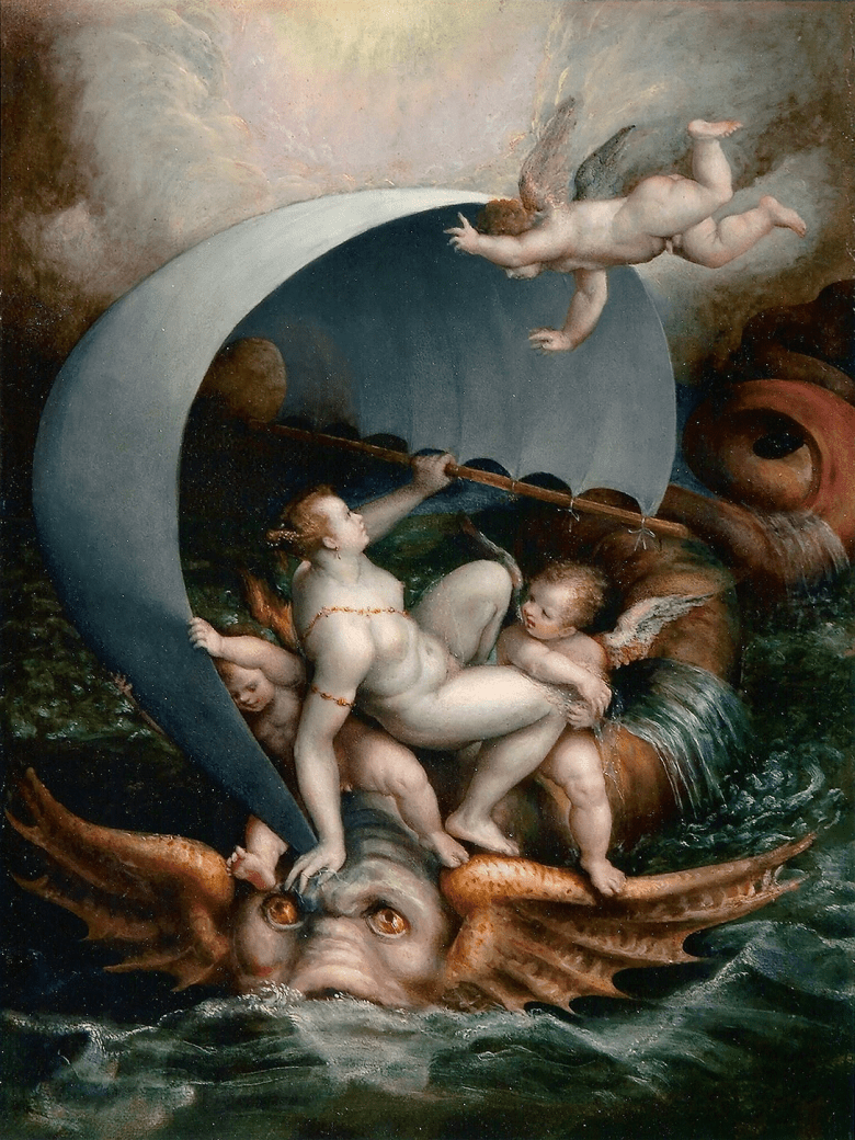 Painting of a group of angels and cherubs on the back of a sea creature on a stormy sea.