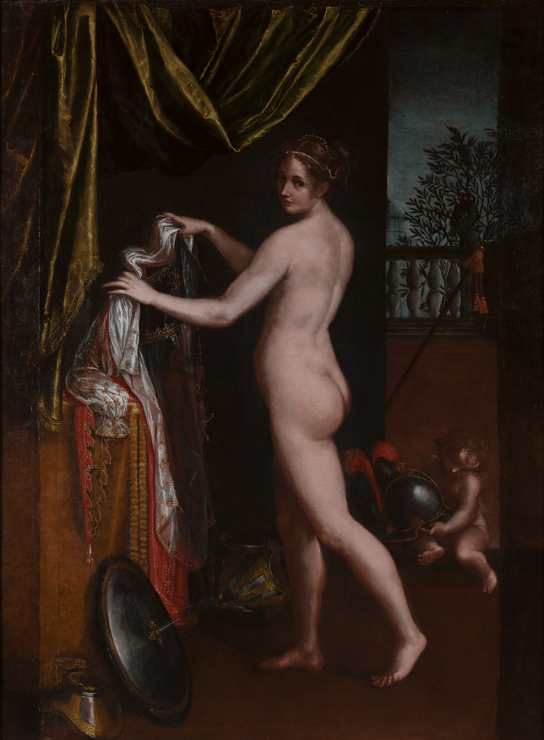 Painting of a nude female figure with blonde hair holding a robe in front of an open window