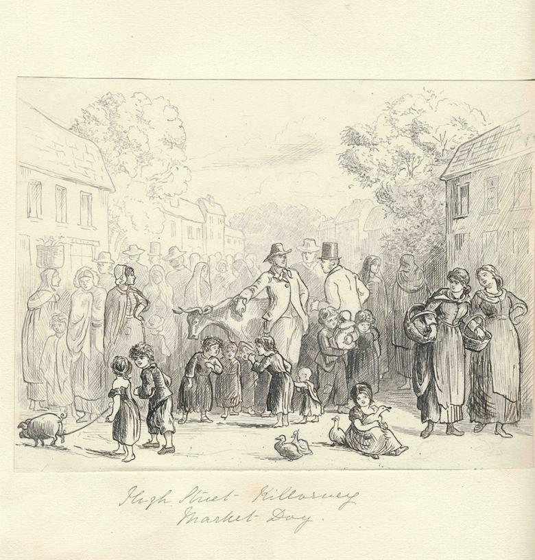 Drawing of a market scene and assorted people in period costume