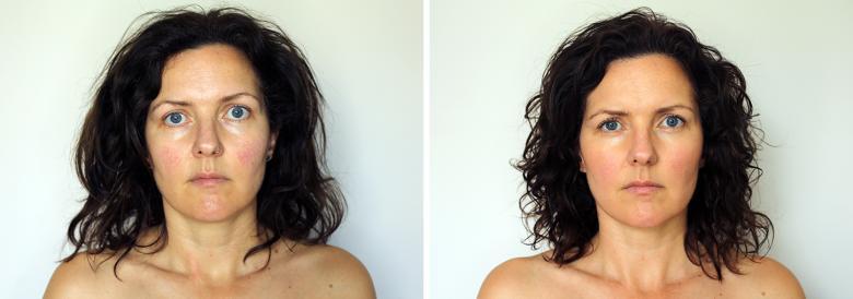 Two photographs of the same woman, looking directly at the camera. In one, her dark hair is unbrushed and she is wearing no makeup. In the other, her hair is brushed and she is wearing makeup.