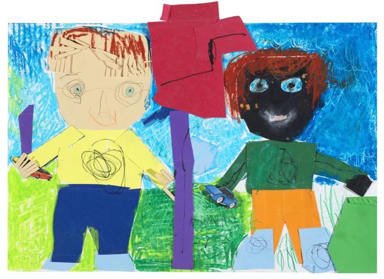 Colourful collage and drawing of two children holding toy cars.