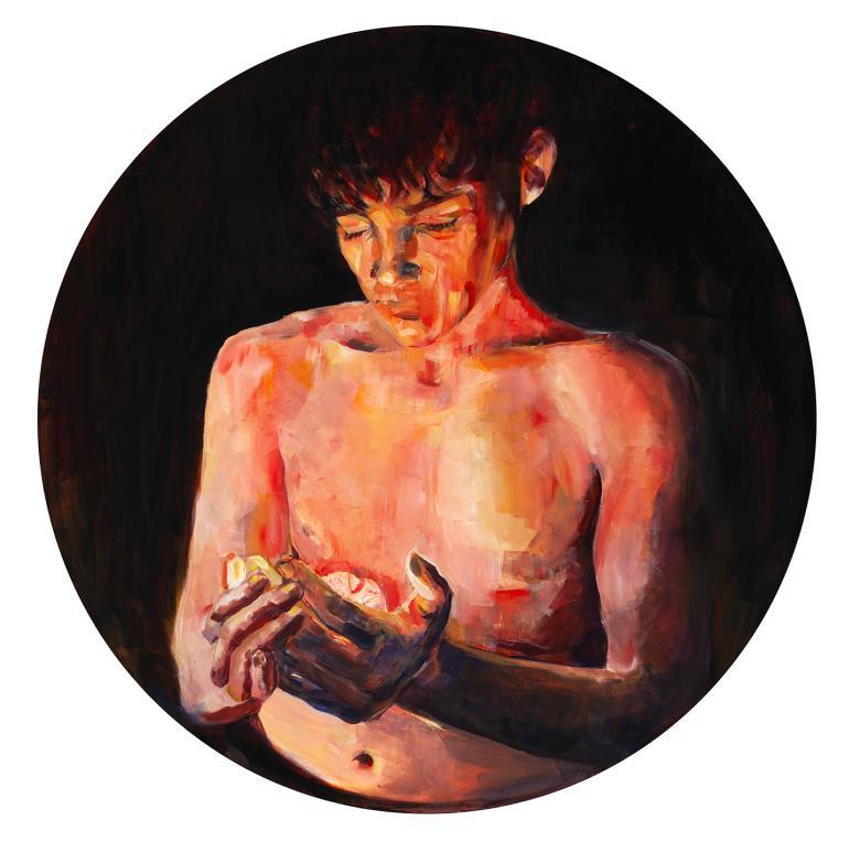Painted on a round canvas, we see a young man gazing down at a shell he holds in the palm of his hands. His whole self seems illuminated, which is highlighted by the black background