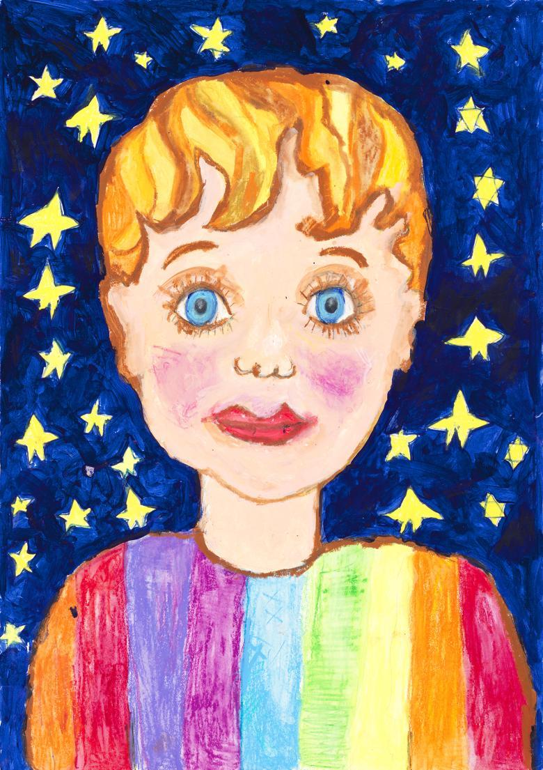 A drawing of a child in a rainbow coloured T-shirt with a starry sky behind. 