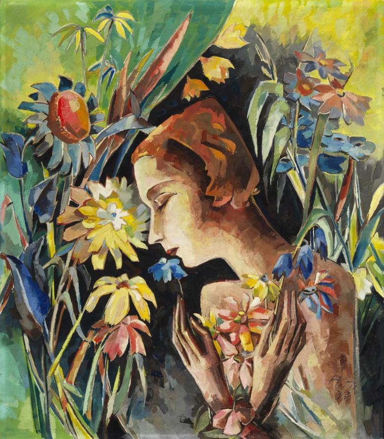 An oil painting featuring a nude female figure standing before a dark empty space. Her eyes are closed; in her arms and all around her are vibrantly coloured flowers. 